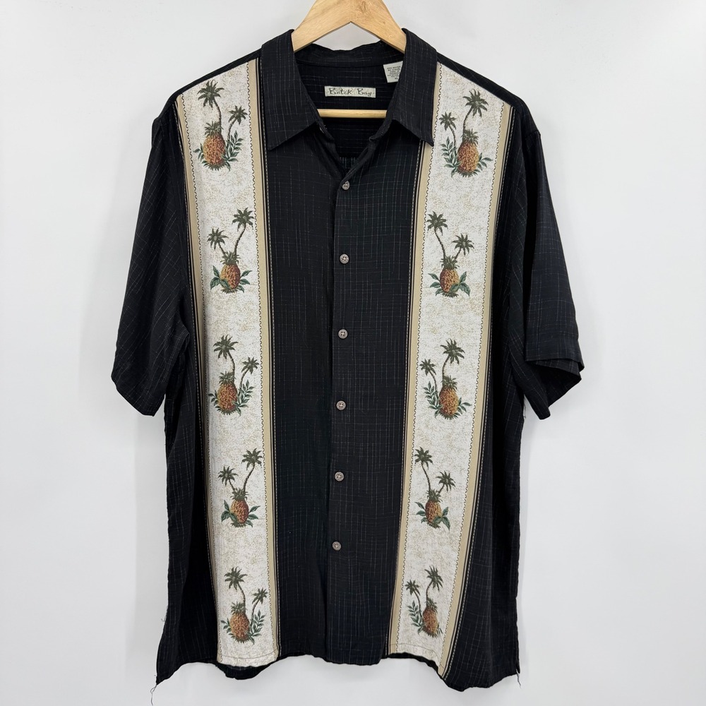 Batik Bay Mens Black Rayon Camp Shirt Pineapple Palm Tree Tropical Panel Print